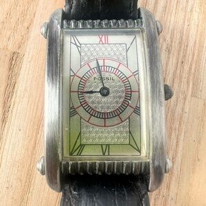 Rare Fossil silver tone curvex crystal black leather dress watch NEW BATTERY